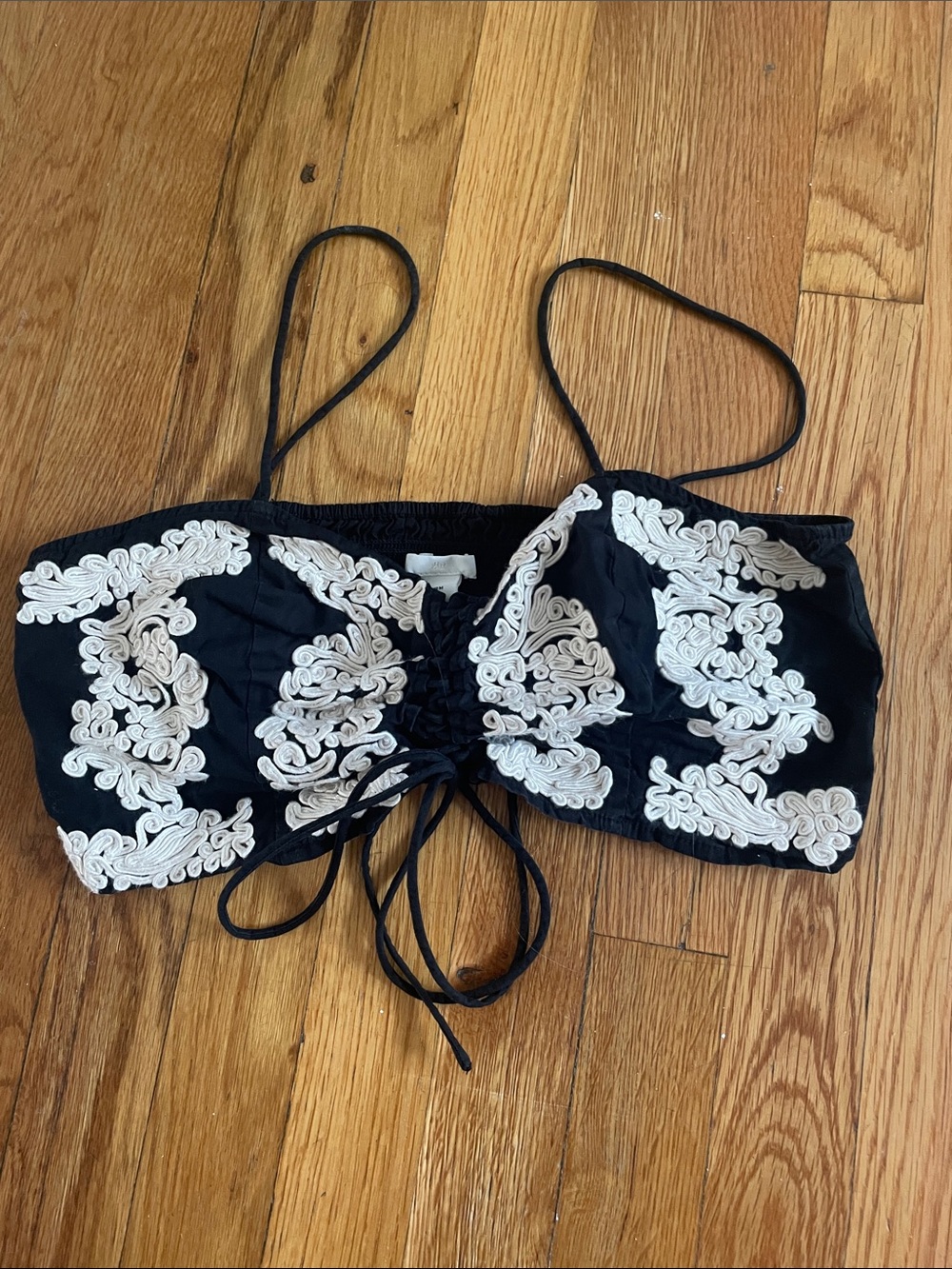 H&M Black Lace-Up Cropped Bralette with White Embroidery Medium